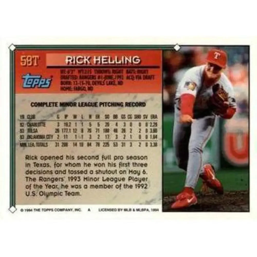 1994 Topps Traded Rick Helling 58T Texas Rangers
